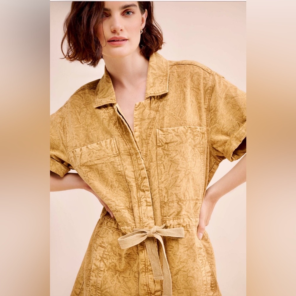 Free People Golden Tan Short-Sleeve Tie-Waist Romper